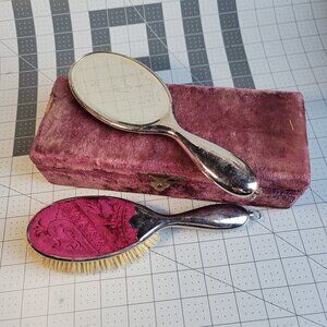 Antique Victorian Vanity Dresser Set Mirror Brush Embossed Velvet & Silver Plate